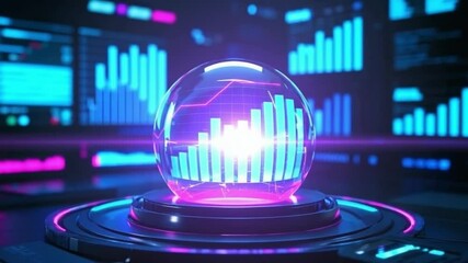 3D futuristic holographic display with floating crystal sphere, neon financial data visualization, stock market charts in cinematic lighting on dark background video download - Powered by Adobe