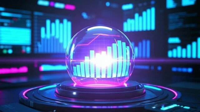 3D futuristic holographic display with floating crystal sphere, neon financial data visualization, stock market charts in cinematic lighting on dark background video download