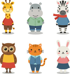 Funny baby animald flat design vector illustration set