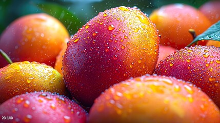 Close-up of many wet mangoes. Selective focus.  HD 8k wallpaper photographic image