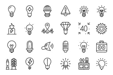Fototapeta premium Collection of line icons depicting light bulbs lamps glass and energy sources isolated on transparent background