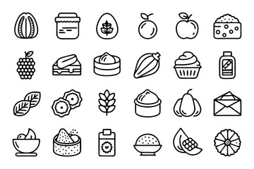 Collection of line icons depicting butter peanut hazelnut and coconut products isolated on transparent background