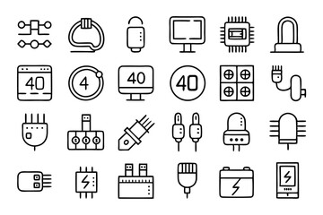 Fototapeta premium Collection of line icons depicting optical fiber cable connectors and plugs isolated on transparent background