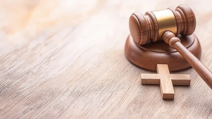 Religion and law symbolism with gavel and cross
