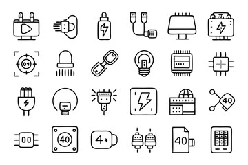 Collection of line icons depicting cable optical fiber plugs isolated on transparent background