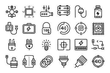 Fototapeta premium Collection of line icons depicting cable optical fiber and plug connectors isolated on transparent background