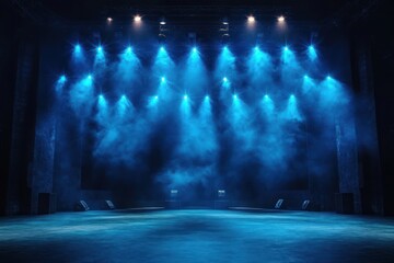 Naklejka premium Empty stage illuminated by multiple blue spotlights with mist creating a mysterious and dramatic atmosphere