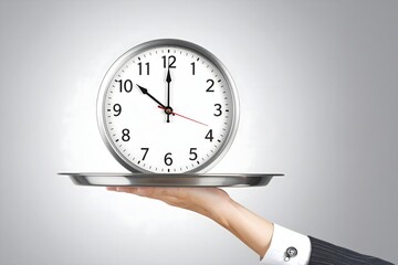 A hand in a suit sleeve holds a silver tray with a clock showing 10:10, symbolizing time management or service, against a plain gray background.