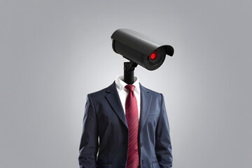 A faceless figure in a dark blue suit and red tie, with a black security camera head and glowing red light, set against a gray background, symbolizing surveillance and anonymity.