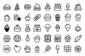 Collection of line icons depicting chocolate cocoa caramel treats isolated on transparent background