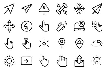 Collection of line icons depicting click pointer arrow and mouse cursors isolated on transparent background