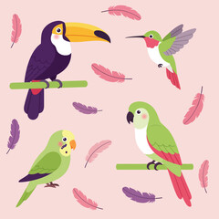 Cute vector seamless pattern with a set of cartoon birds on a branch, featuring various animal illustrations like parrot and friends