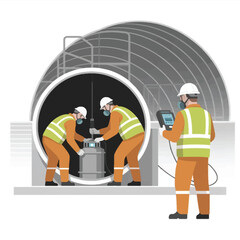 Industrial workers conducting maintenance and monitoring a cylindrical structure wearing protective gear and using specialized equipment inside an industrial facility during inspection and testing.
