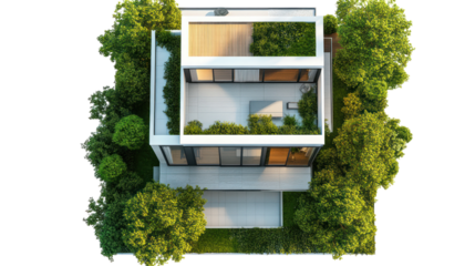  Two-story modern house on white background top view