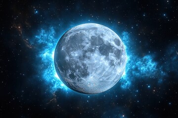 Fototapeta premium Full moon glowing brightly with detailed craters surrounded by vibrant blue nebula clouds in dark starry night sky