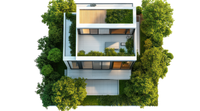  Two-story modern house on white background top view