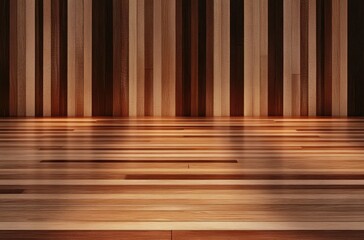 Empty wooden room with polished floor and vertical wood panel walls reflecting warm natural light