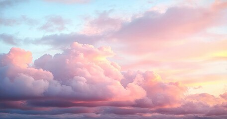 Naklejka premium Soft pastel-colored clouds glowing with pink, purple, and orange hues during a serene sunset sky