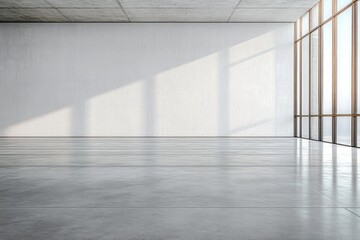 Empty modern room with polished concrete floor and ceiling, large glass windows letting in natural sunlight casting shadows on white wall, minimalistic and spacious