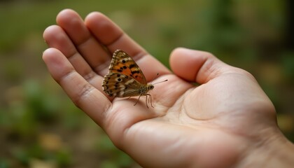 Closeup of a colorful butterfly gently resting on person's hand, showcasing the beauty of nature's delicate wildlife