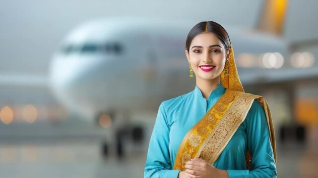 Graceful Hostess: A smiling hostess in an elegant outfit poses in front of a large aircraft, embodying the spirit of professional hospitality and welcoming travelers.
