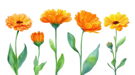  Watercolor botanical set of calendula flowers hand drawn on white background