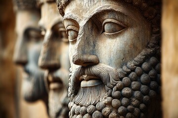 Close-up of detailed stone sculptures of three bearded male faces with textured hair and calm expressions in a row