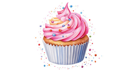  Watercolor cupcake with frosting and sprinkles on white background