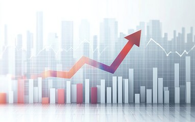 Abstract 3D bar chart with rising red arrow showing financial growth and positive business trends on a futuristic cityscape background