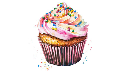  Watercolor cupcake with frosting and sprinkles on white background