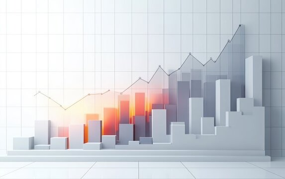 3D bar chart with rising bars and line graph over grid background showing growth and progress with warm orange highlights