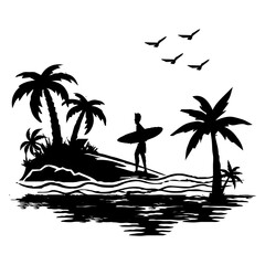 Black silhouette summer art design palm tree surfing man surfboard vector set graphic white background