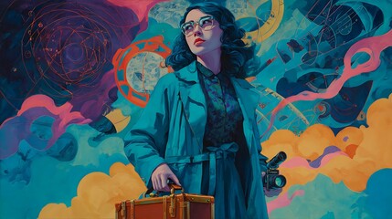 Fototapeta premium Woman in teal coat holding a camera and suitcase against a vibrant backdrop.