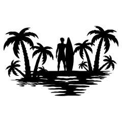 Black silhouette summer art design palm tree surfing man surfboard vector set graphic white background