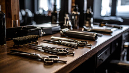 Dark wood barber station showcasing various metal hairdressing tools, brushes, and styling products, reflecting a classic barbershop aesthetic