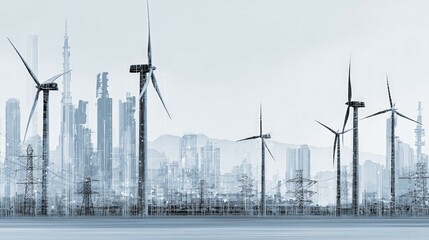 Wind energy revolution urban landscape digital art futuristic environment aerial view renewable concept