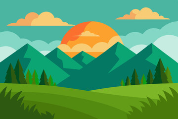 Fototapeta premium Vector illustration of a summer mountain landscape with green grass, trees, and a blue sky with clouds