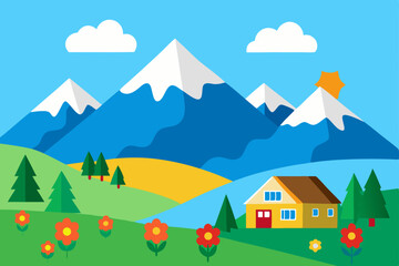 Obraz premium Vector landscape illustration with a summer mountain house, green grass, and blue sky with clouds