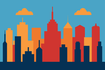 Obraz premium Red-tinged urban night skyline silhouette featuring towering skyscrapers and illuminated city architecture