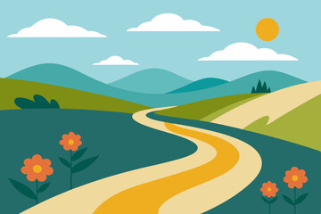 Fototapeta premium Summer landscape with a winding road through green fields and hills under a blue sky