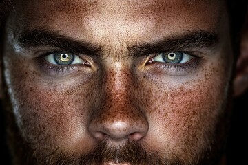 Obraz premium Close-up of intense blue eyes with dilated pupils on a freckled, bearded male face showing strong focus and determination