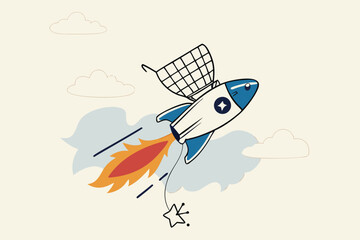 Boost sales and increase profit, achieve sales target or develop business growth, inflation and price concept, shopping cart or trolley on fast rocket booster flying hight in the sky.