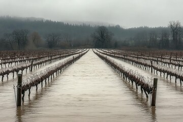 Flooded vineyard with rows of grapevines partially submerged in muddy water under overcast sky with distant foggy forest