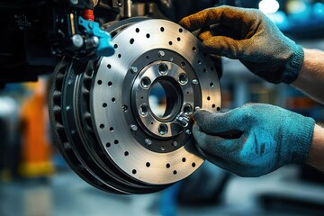 Close-up of a mechanic wearing blue gloves installing a drilled ventilated brake disc on a vehicle in a workshop, highlighting precision and technical work