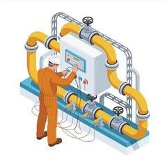 Isometric view of an engineer inspecting electrical systems in a gas pipeline network with protective workwear and a white hard hat standing near control panel