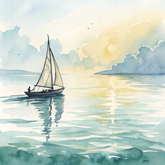 Fototapeta premium Serene Sunset Sailboat Watercolor Clipart of Boat at Golden Hour