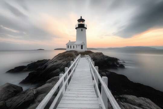 White lighthouse on rocky island with wooden bridge and calm water under dramatic cloudy sky at sunset