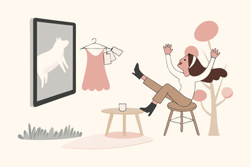 Online e-commerce make customers to quickly buy products, attract shoppers, online stores make shopping experience quick, pleasant, and easy, excited woman got dress delivery from online shop at home.