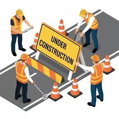 Isometric view of road workers erecting under construction sign and safety cones on a roadway