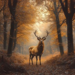 Majestic stag with large antlers standing on a forest path surrounded by tall trees with golden autumn leaves and soft sunlight filtering through
